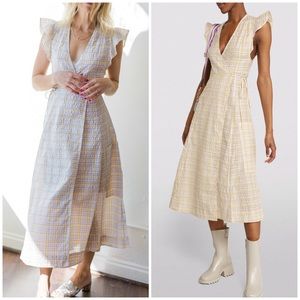 GANNI Seersucker Check Wrap Midi Dress - Pastel Yellow